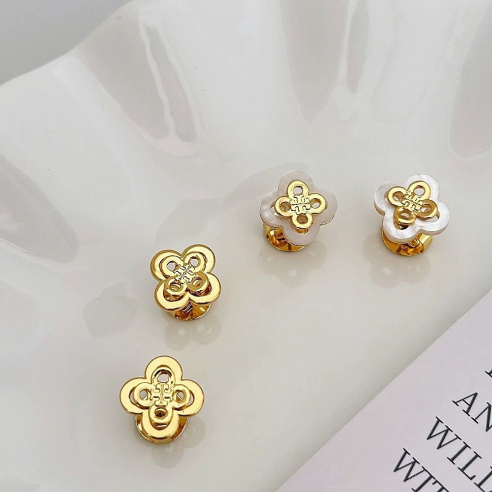 Tory Burch Shell Inlaid Floral Double Layer 4 Leaf Clover Earrings